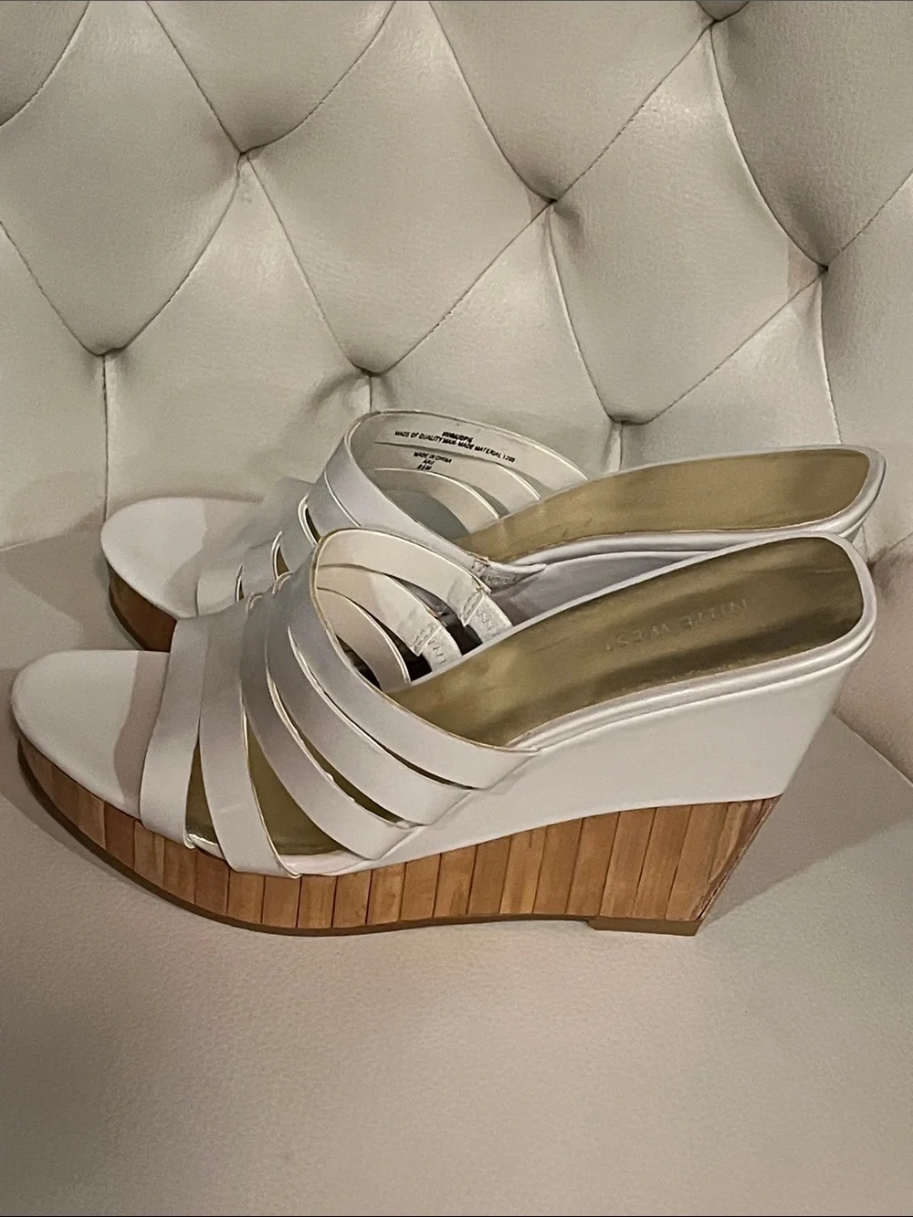 New Nine West White Multi-Strap Platform Wedge Slides